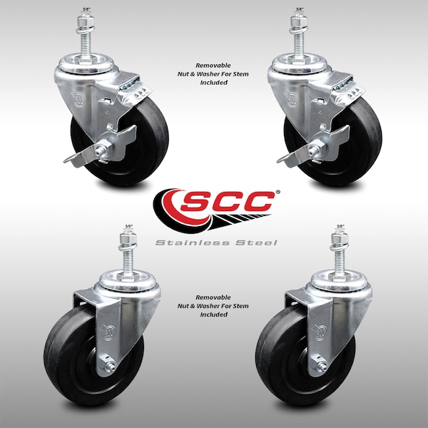 Service Caster 4 Inch SS Soft Rubber Wheel Swivel 3/8 Inch Threaded Stem Caster Brake SCC, 2PK SCC-SSTS20S414-SRS-381615-2-TLB-2 - main